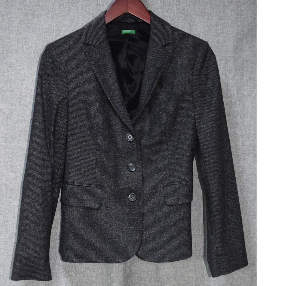 Benetton Gray Wool Blend Pinstripe 3-Button Blazer Jacket Size 40 (US 6)